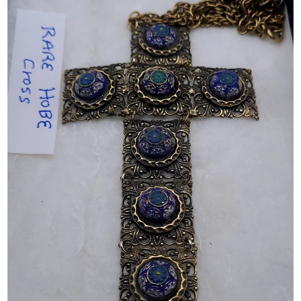 Vintage Hobe Necklace Gold Tone Filigree Enamel Articulated Large Cross RARE